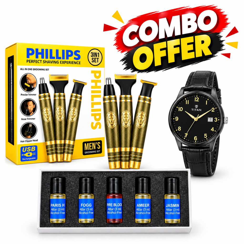 Premium 3-in-1 Men's Grooming Combo – Trimmer, Watch & 5-Piece Attar Set