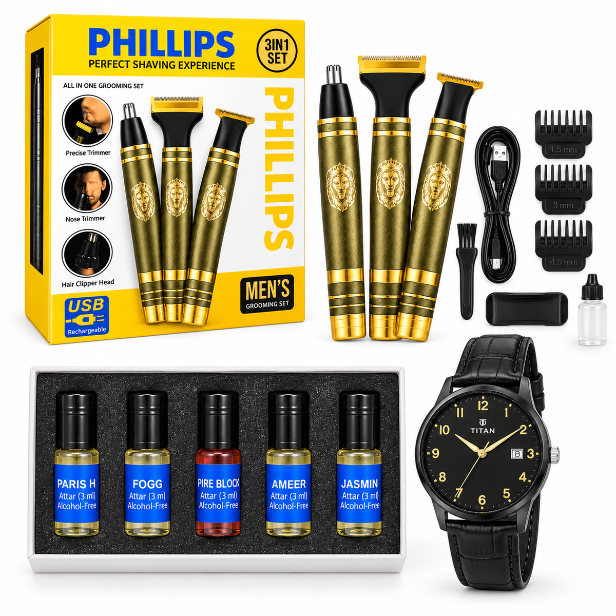 Premium 3-in-1 Men's Grooming Combo – Trimmer, Watch & 5-Piece Attar Set