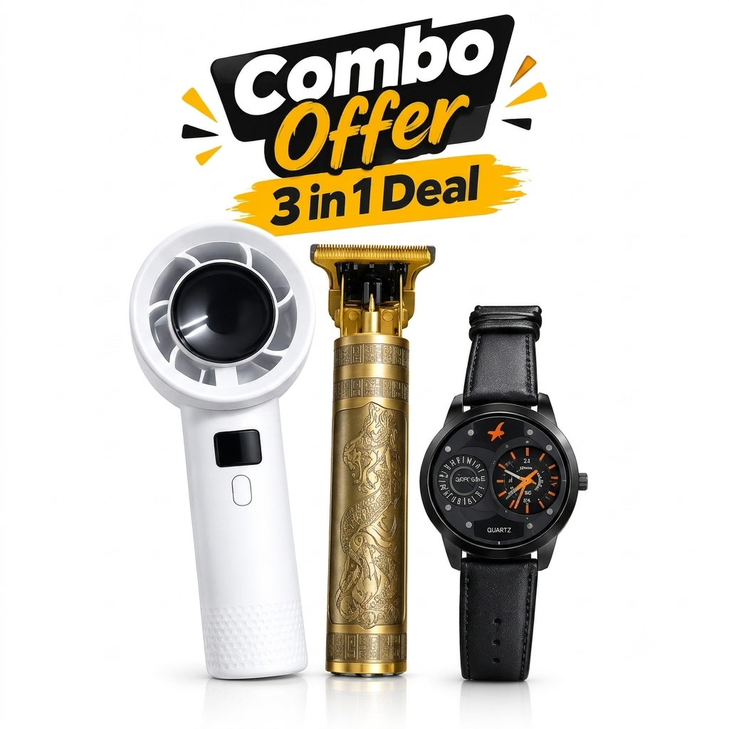 3-in-1 Combo Offer – Mini Digital Display Fan, Vintage T9 Trimmer & Stylish Quartz Watch